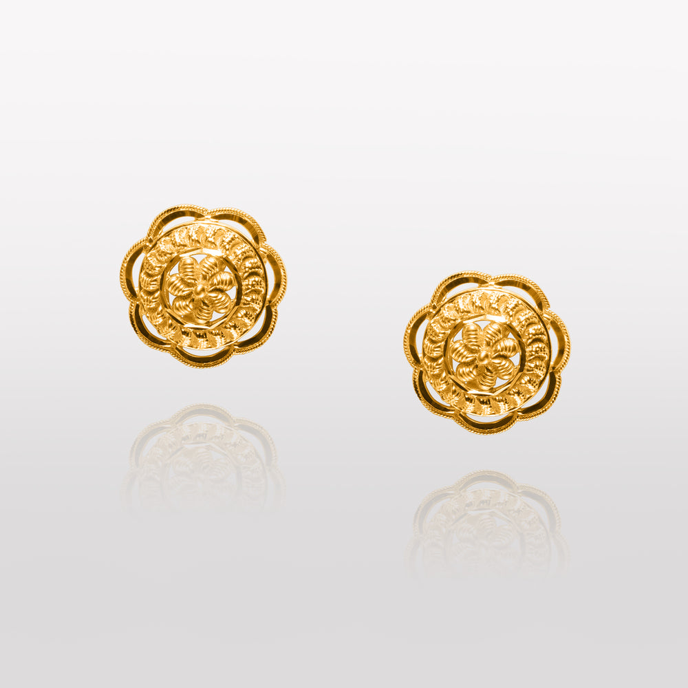 Laila Mini Stud Earrings in 22k Gold - a close-up view of finely crafted stud earrings in 22k gold, featuring a beautiful and intricate design that exudes elegance and sophistication, making them the perfect accessory for any occasion.