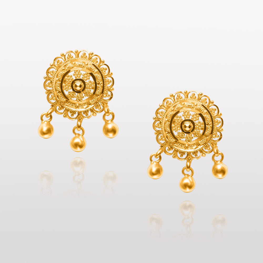 Maya Mini Stud Earrings in 22k Gold - a close-up view of exquisitely designed stud earrings in 22k gold, featuring intricate patterns and delicate details that add a touch of sophistication and charm to any outfit.