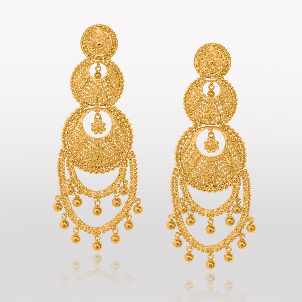 Sahar Heritage 22k Gold Filligree Chandbali Drop Earrings - a close-up view of exquisitely designed chandbali drop earrings in 22k gold, featuring intricate filligree work and a stunning silhouette that exudes elegance and sophistication.