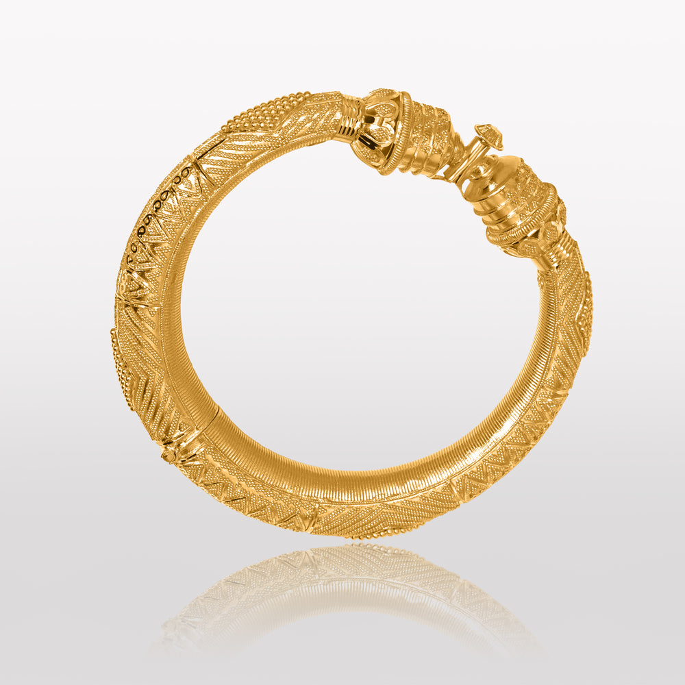 Kimaya Women's Pair of Kada in 22k Gold - a beautiful image showcasing a pair of traditional Indian bangles, known as kadas, made of 22k gold and featuring intricate designs and a stunning, glossy finish.